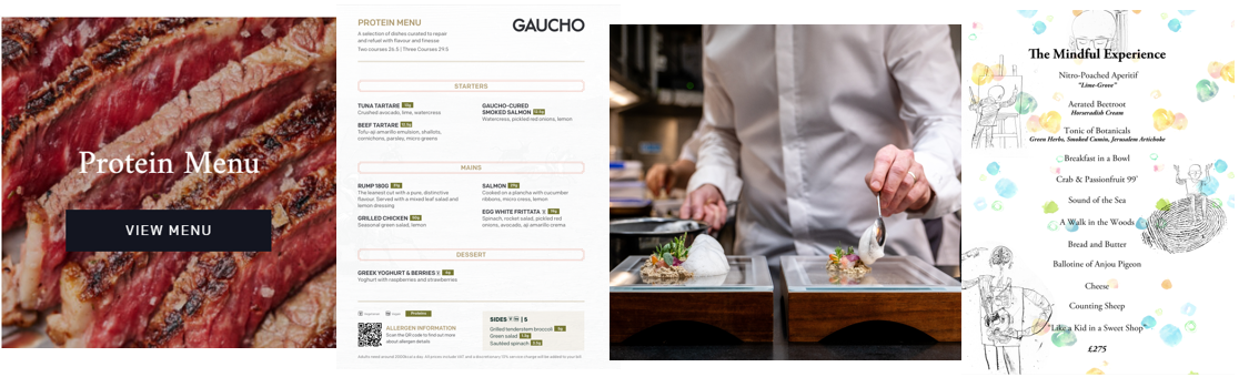 Graphic showing examples of how high protein and small portion size is being used on menus